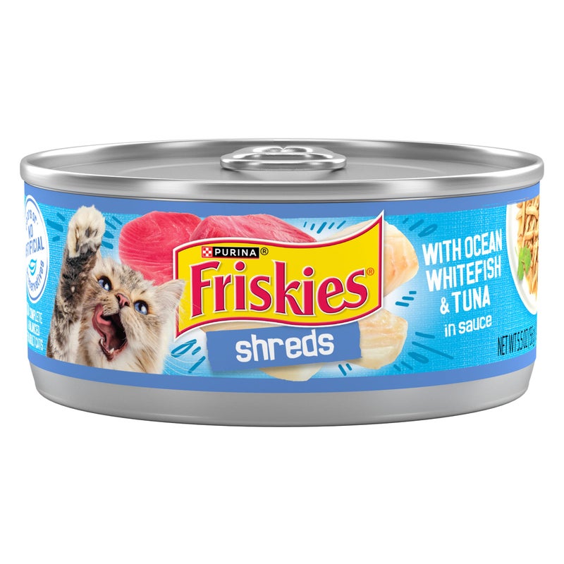 Purina Friskies Shreds With Ocean Whitefish and Tuna in Sauce Wet Cat Food Pack of 24 55 oz Cans