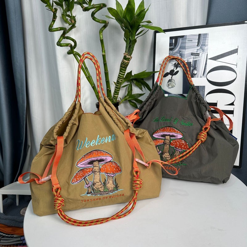 Korean Style Mushroom Embroidery Environmental Protection Cloth Bag Women'S Large Capacity New Nylon Handbag Student Versatile Fashion Shoulder Bag - Image 4