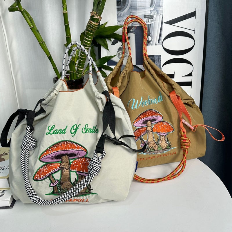 Korean Style Mushroom Embroidery Environmental Protection Cloth Bag Women'S Large Capacity New Nylon Handbag Student Versatile Fashion Shoulder Bag - Image 3