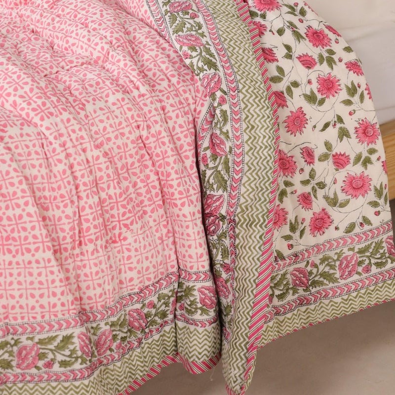 Peepul Tree Peepultree Hand Block Printed Cotton Quilt Jaipuri Razai Softness Style for Single Bed Beautiful Floral AC Blanket Reversible Breathable Made in India Floral Pink 60X90 Inches  - Image 5