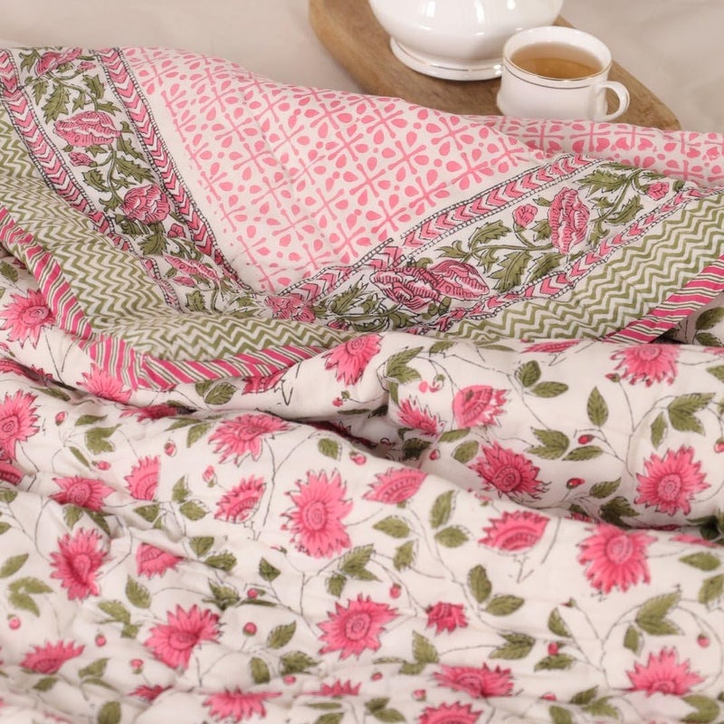 Peepul Tree Peepultree Hand Block Printed Cotton Quilt Jaipuri Razai Softness Style for Single Bed Beautiful Floral AC Blanket Reversible Breathable Made in India Floral Pink 60X90 Inches  - Image 4