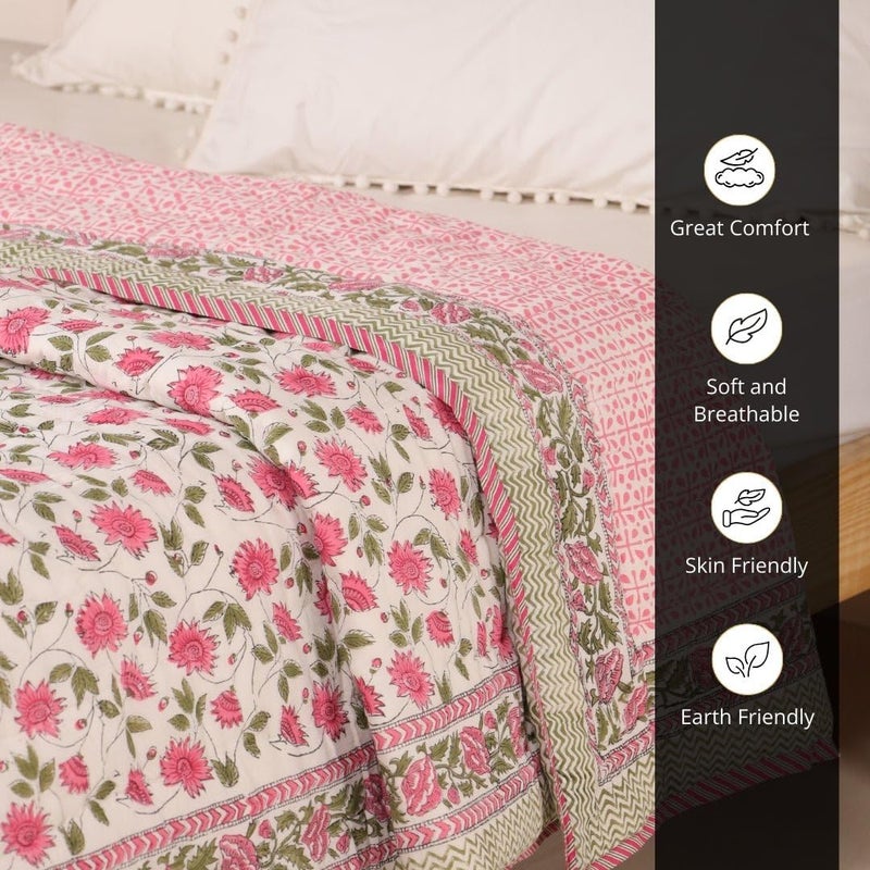 Peepul Tree Peepultree Hand Block Printed Cotton Quilt Jaipuri Razai Softness Style for Single Bed Beautiful Floral AC Blanket Reversible Breathable Made in India Floral Pink 60X90 Inches  - Image 3