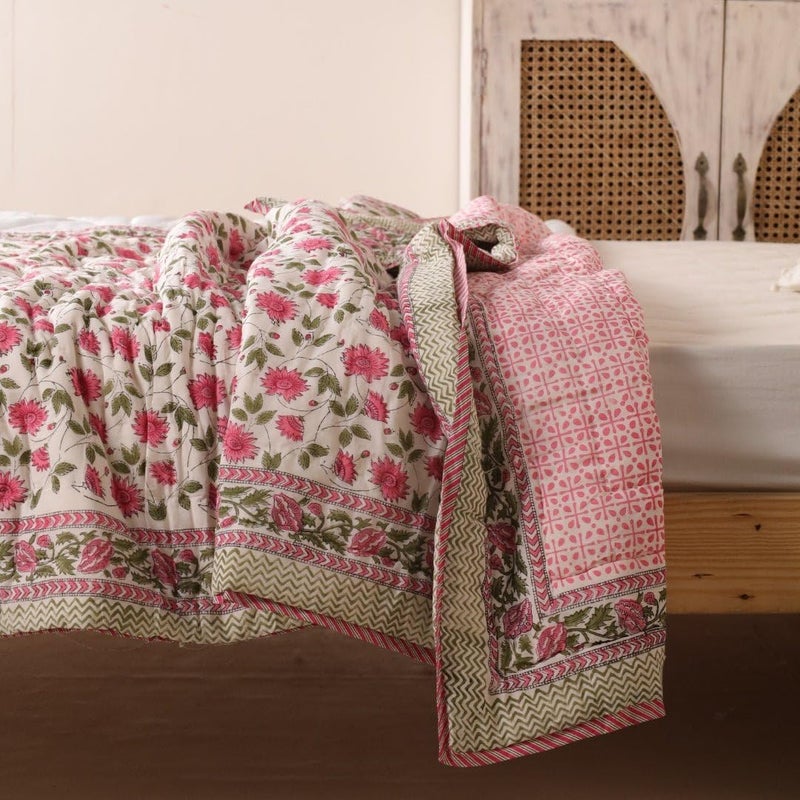 Peepul Tree Peepultree Hand Block Printed Cotton Quilt Jaipuri Razai Softness Style for Single Bed Beautiful Floral AC Blanket Reversible Breathable Made in India Floral Pink 60X90 Inches  - Image 2