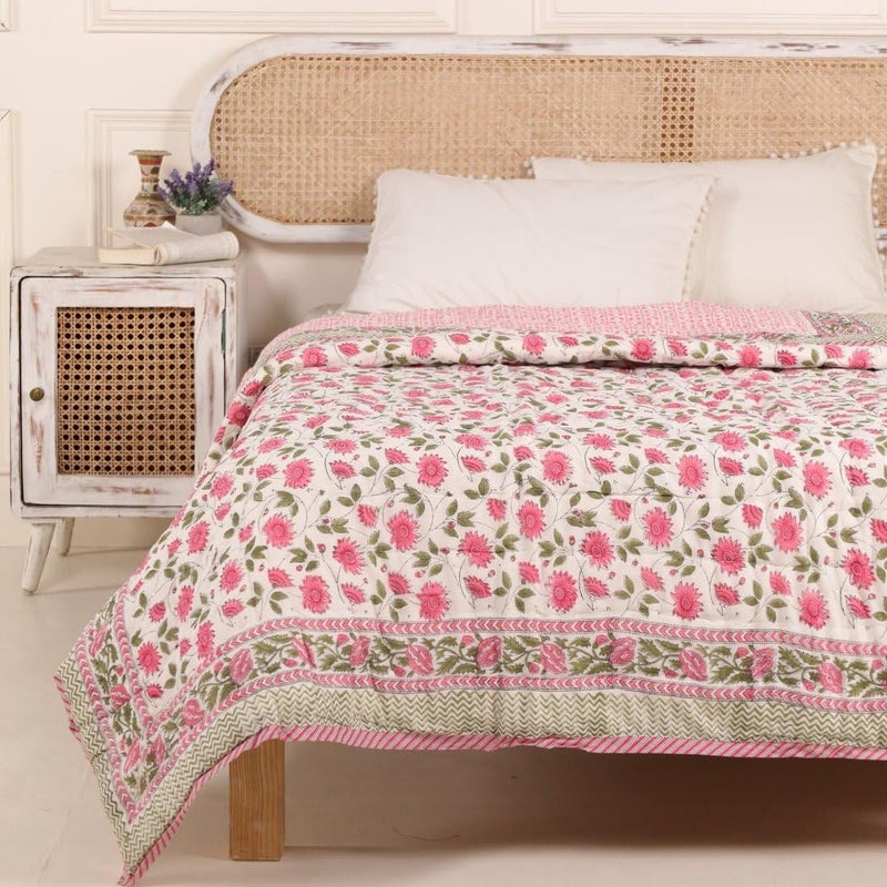 Peepul Tree Peepultree Hand Block Printed Cotton Quilt Jaipuri Razai Softness Style for Single Bed Beautiful Floral AC Blanket Reversible Breathable Made in India Floral Pink 60X90 Inches  - Image 1