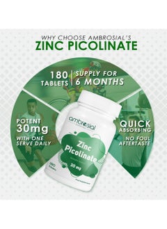 ambrosial Zinc Picolinate 30mg for Immune Support (Pack of 1-180 Tablets)  - Image 3