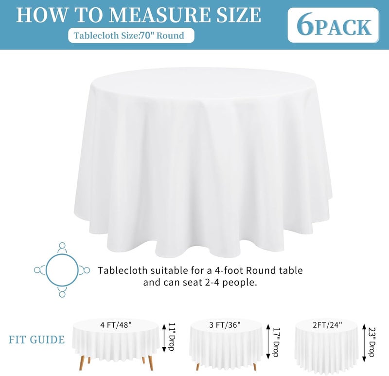 FXKS 6 Pack White Round Tablecloth 60 inch Circle Polyester Table Cloth, Washable Fabric Stain and Wrinkle Resistant Table Cover Round Table Clothes for Wedding Parties Banquet Reception Gift Table - Image 3