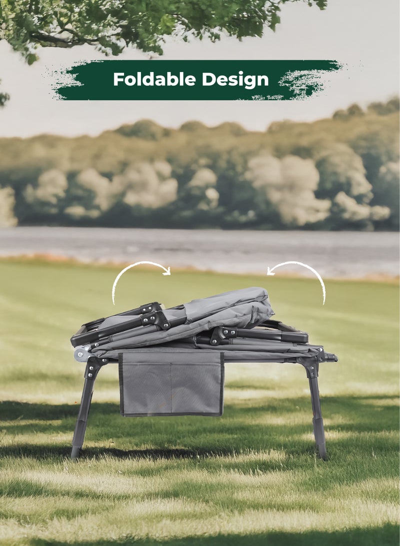 GREEN LION Foldable Camping Bed with Comfortable Pillow and Storage Pockets / High-Quality Material / Adjustable Backrest / 150 kg Load / Easy to Carry / Outdoor / Travel - Grey - Image 4