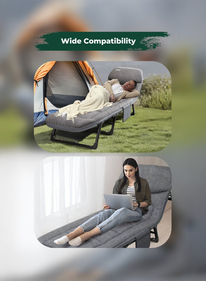 GREEN LION Foldable Camping Bed with Comfortable Pillow and Storage Pockets / High-Quality Material / Adjustable Backrest / 150 kg Load / Easy to Carry / Outdoor / Travel - Grey - Image 3