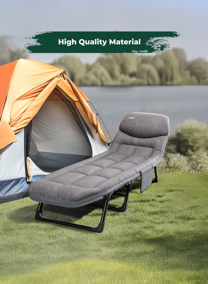 GREEN LION Foldable Camping Bed with Comfortable Pillow and Storage Pockets / High-Quality Material / Adjustable Backrest / 150 kg Load / Easy to Carry / Outdoor / Travel - Grey - Image 2
