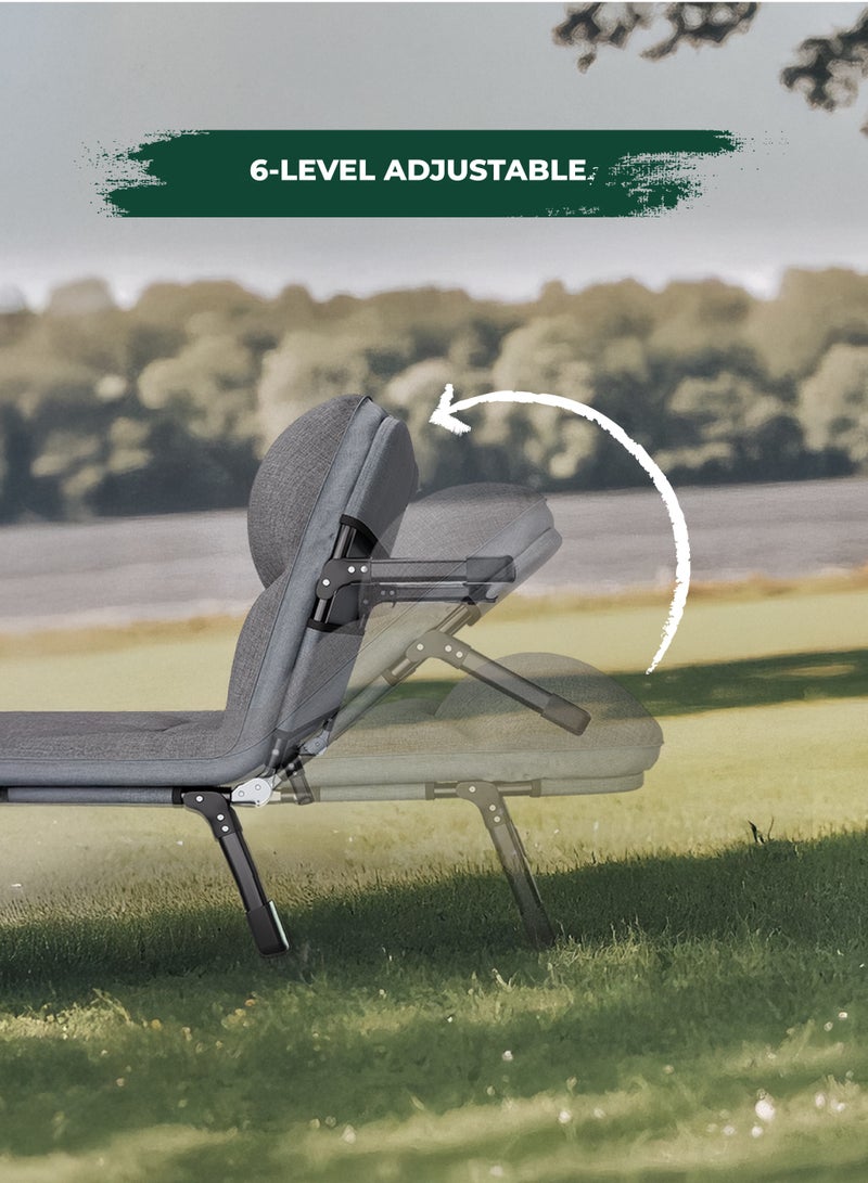 GREEN LION Foldable Camping Bed with Comfortable Pillow and Storage Pockets / High-Quality Material / Adjustable Backrest / 150 kg Load / Easy to Carry / Outdoor / Travel - Grey - Image 5