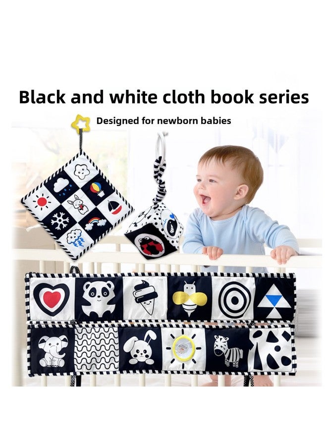 Early Education Black-and-white Bedside Cloth Book Can't Be Torn And Can Be Chewed By Touching Towel Ha Ha Mirror Bed Hanging Enlightenment Baby Toys-Color:Black And White Bed Three-piece Set (bed Towel Rattles)  - Image 1