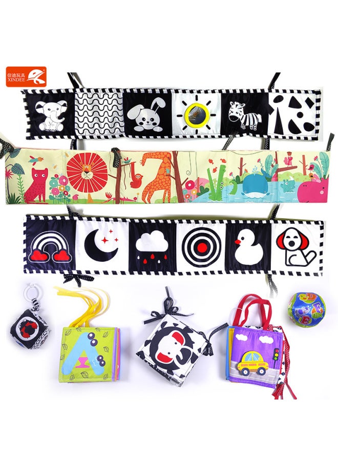 Early Education Black-and-white Bedside Cloth Book Can't Be Torn And Can Be Chewed By Touching Towel Ha Ha Mirror Bed Hanging Enlightenment Baby Toys-Color:Black And White Bed Three-piece Set (bed Towel Rattles)  - Image 2