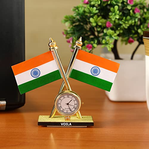VOILA India Cross Design Flags With Clock For Car Dashboard, Home, Study Table, Office Desk - Image 1