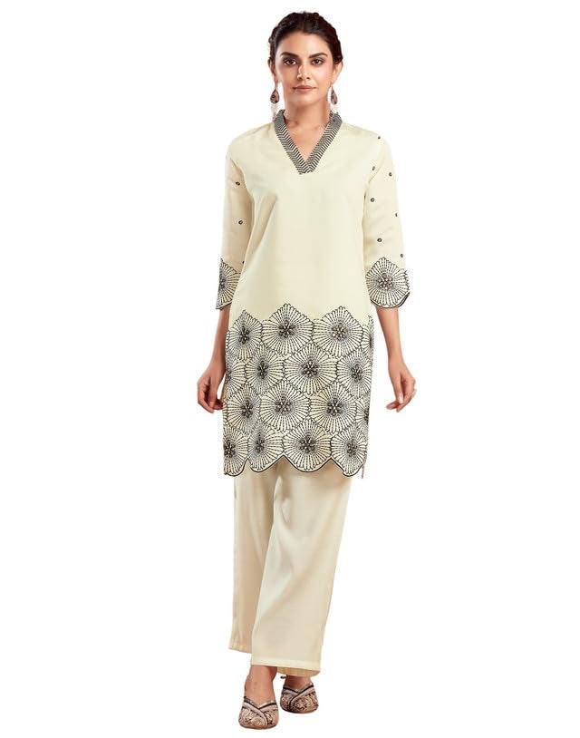 SIRIL Women's Ethnic Co ord Set, Silk Top and Pant Set, Two Piece Co Ord Set, Sequence Embroidery Co Ord Set (743CTK8024-XL_Cream) - Image 1