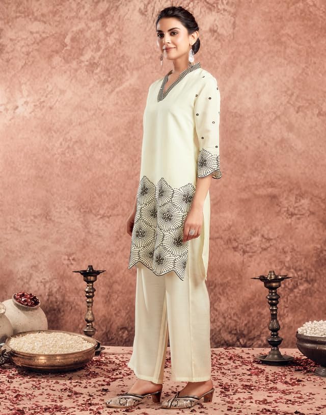 SIRIL Women's Ethnic Co ord Set, Silk Top and Pant Set, Two Piece Co Ord Set, Sequence Embroidery Co Ord Set (743CTK8024-XL_Cream) - Image 3