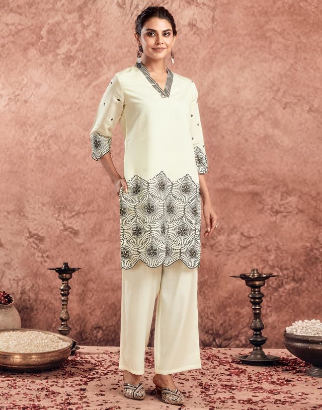 SIRIL Women's Ethnic Co ord Set, Silk Top and Pant Set, Two Piece Co Ord Set, Sequence Embroidery Co Ord Set (743CTK8024-XL_Cream) - Image 4