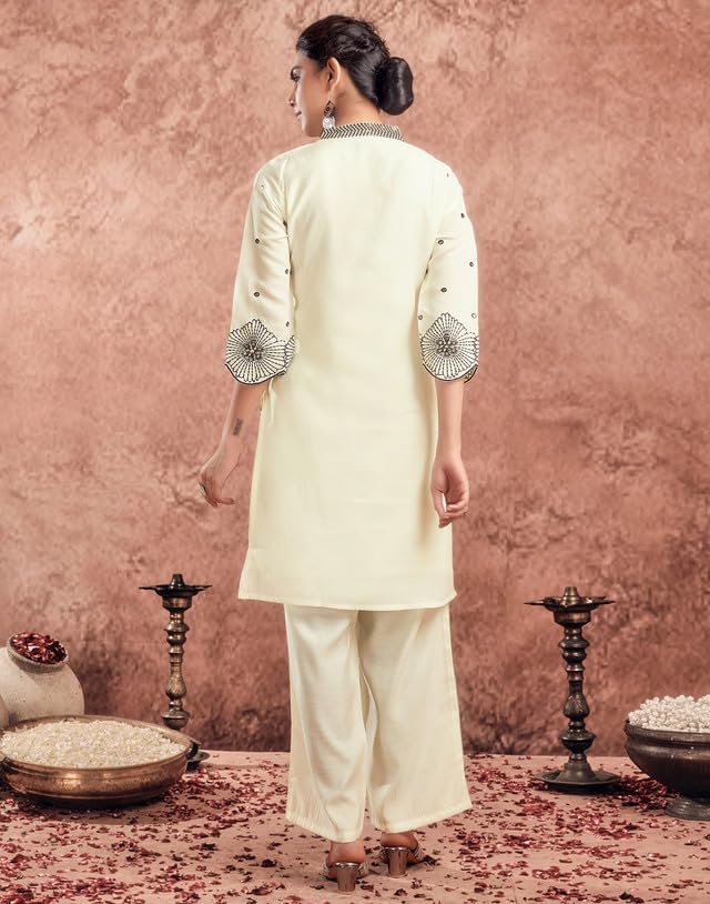 SIRIL Women's Ethnic Co ord Set, Silk Top and Pant Set, Two Piece Co Ord Set, Sequence Embroidery Co Ord Set (743CTK8024-XL_Cream) - Image 2