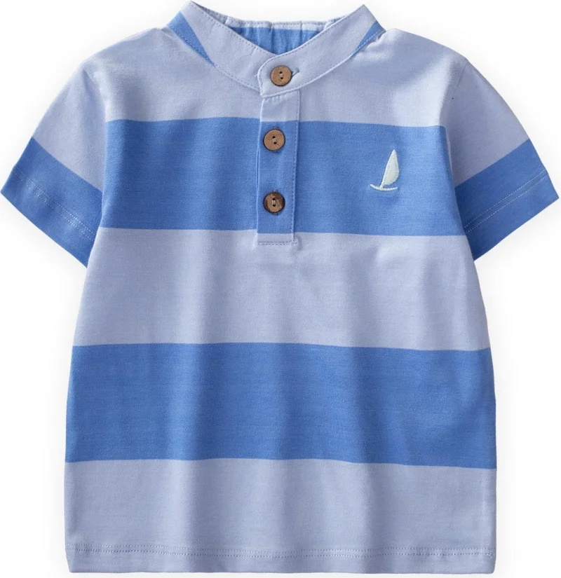 Cigit Mandarin Collar Striped T-Shirt 1-10 Years Blue