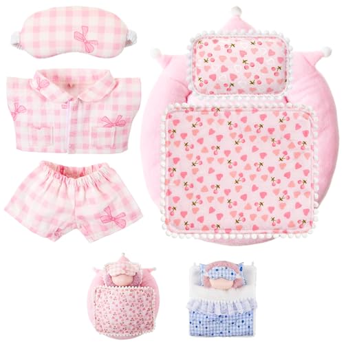 Simgoing 6 Pcs 17cm Doll Pajamas and Bedding Set Cute Pajamas Outfit with Eye Mask Bed Kit with Pillow Mattress Blanket for 17cm Doll Sleeping Set Dollhouse Accessories Pink Plaid Butterfly - Image 1