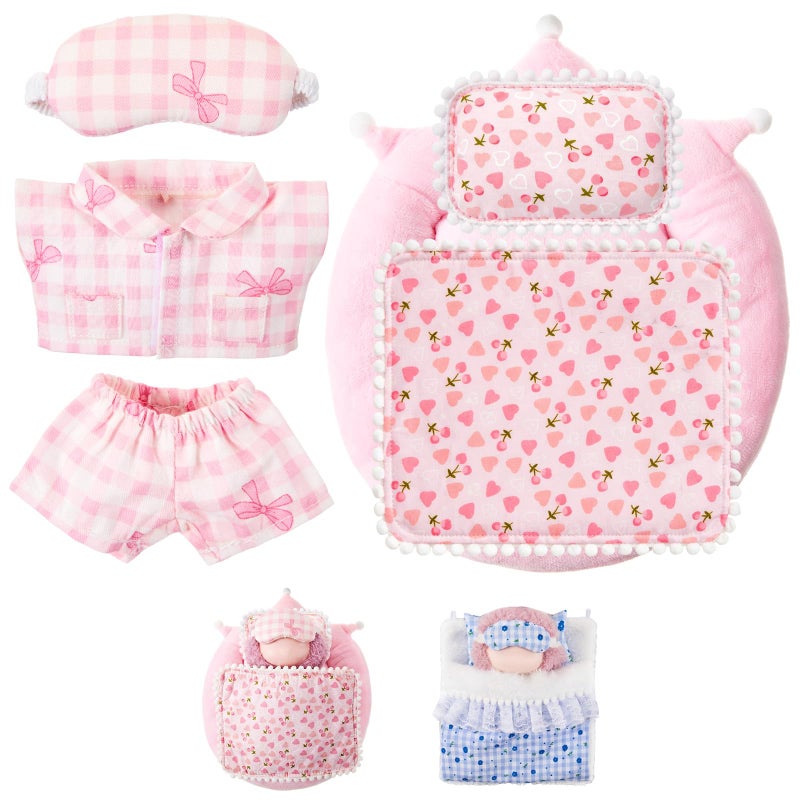Simgoing 6 Pcs 17cm Doll Pajamas and Bedding Set Cute Pajamas Outfit with Eye Mask Bed Kit with Pillow Mattress Blanket for 17cm Doll Sleeping Set Dollhouse Accessories Pink Plaid Butterfly - Image 3