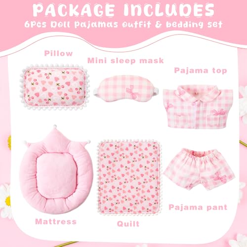 Simgoing 6 Pcs 17cm Doll Pajamas and Bedding Set Cute Pajamas Outfit with Eye Mask Bed Kit with Pillow Mattress Blanket for 17cm Doll Sleeping Set Dollhouse Accessories Pink Plaid Butterfly - Image 5