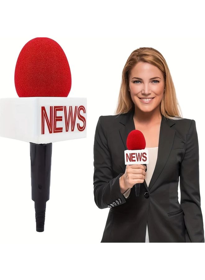 Realistic Microphone Prop with Red News Lettering and Black Stand Durable Plastic Fake Microphone for TV Media Hosts Reporters Anchors Battery Free Cosplay Event Decoration Halloween Christmas Parties Weddings Vintage Mic Design Sturdy Construction High Quality Replica - Image 1