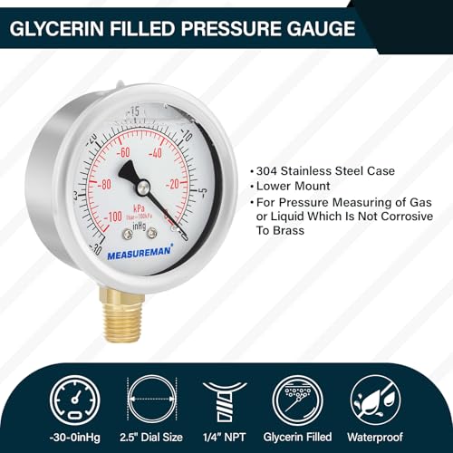 MEASUREMAN 2-1/2" dial,Glycerin Filled, Stainless Steel case, Brass Inside, 30inHg/-100kpa-0,1/4" NPT Lower Mount - Image 2