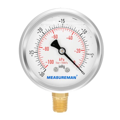 MEASUREMAN 2-1/2" dial,Glycerin Filled, Stainless Steel case, Brass Inside, 30inHg/-100kpa-0,1/4" NPT Lower Mount - Image 1