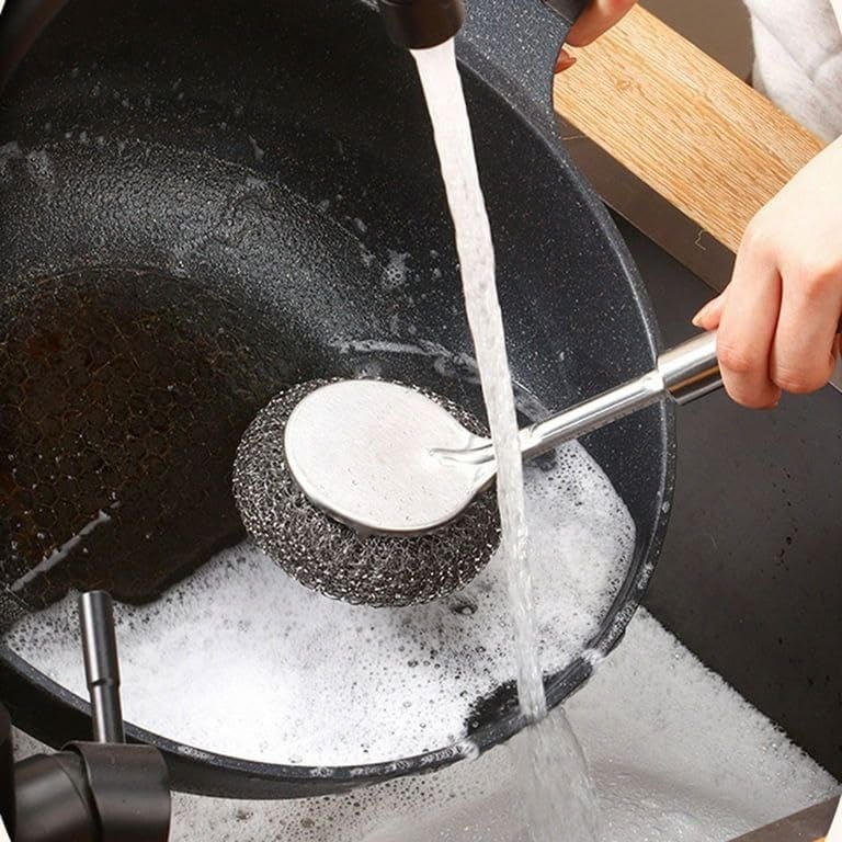 Oariv Dish Scrubber Brush with Stainless Steel Scrubber | Long Handle Steel Sponge Ball Brush for Utensils, Pots, Pans & Cookware | Heavy Duty Kitchen Cleaning Brush for Dishes & Tough Stains - Image 4