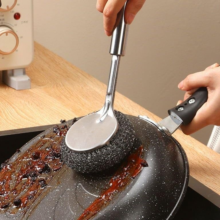Oariv Dish Scrubber Brush with Stainless Steel Scrubber | Long Handle Steel Sponge Ball Brush for Utensils, Pots, Pans & Cookware | Heavy Duty Kitchen Cleaning Brush for Dishes & Tough Stains - Image 3