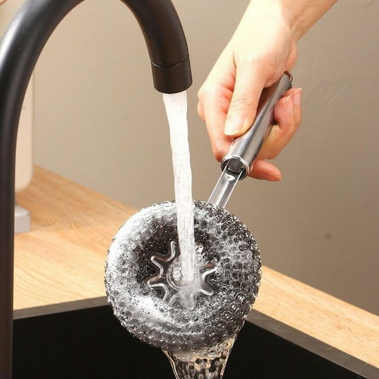 Oariv Dish Scrubber Brush with Stainless Steel Scrubber | Long Handle Steel Sponge Ball Brush for Utensils, Pots, Pans & Cookware | Heavy Duty Kitchen Cleaning Brush for Dishes & Tough Stains - Image 5