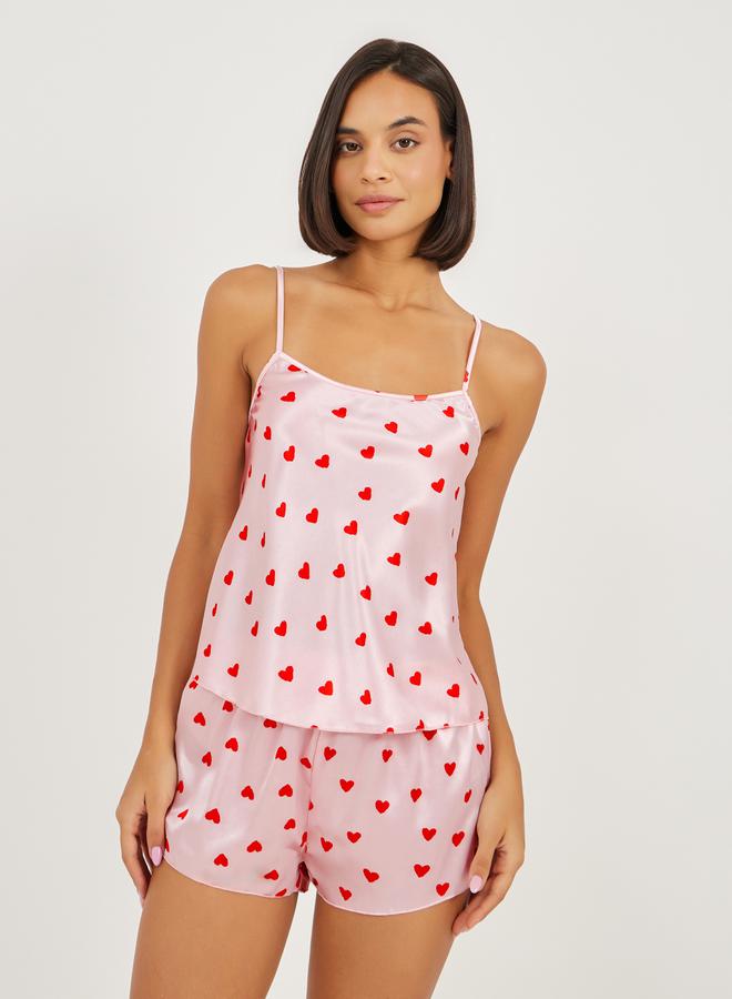 ستايلي طقم كامي وشورت بطبعة قلب ساتان بالكامل - Image 1