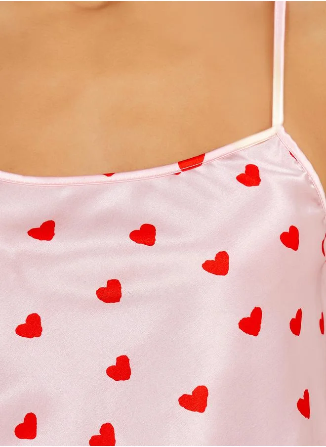 Styli Satin All Over Heart Print Cami and Shorts Set