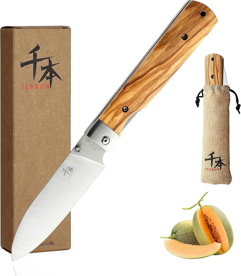 SENBON 440A stainless steel Ultra sharp pocket folding Japanese peeling utility knife Natural Olive Handle Camping trip Outdoor Portable Fruit knife - Image 1