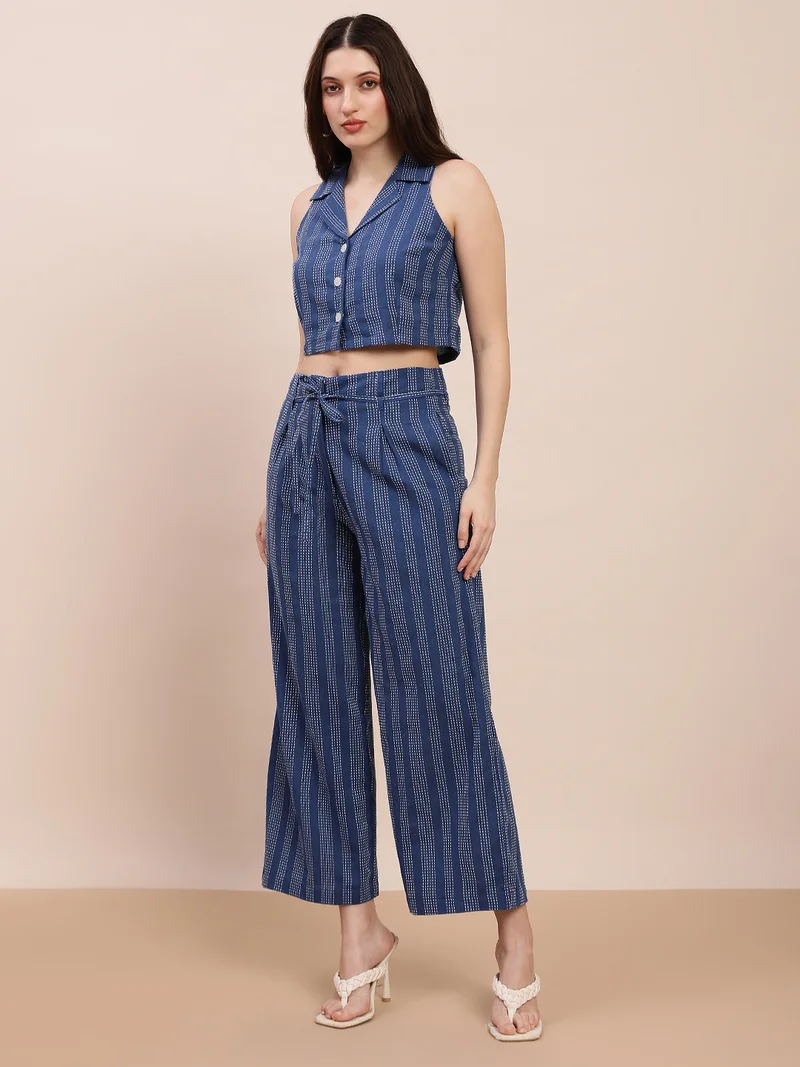 globus Globus Women Blue Self-Design Notched Lapel Crop Shirt & Wide Leg Trousers Workwear Co-Ord Set