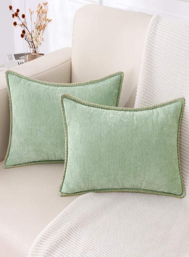 decorUhome Christmas Chenille Soft Throw Pillow Covers 12x20 Set of 2, Lumbar Velvet Farmhouse Neutral Decorative Euro Pillow Covers with Stitched Edge for Couch Sofa Bed Home Decor, Sage Green - Image 1
