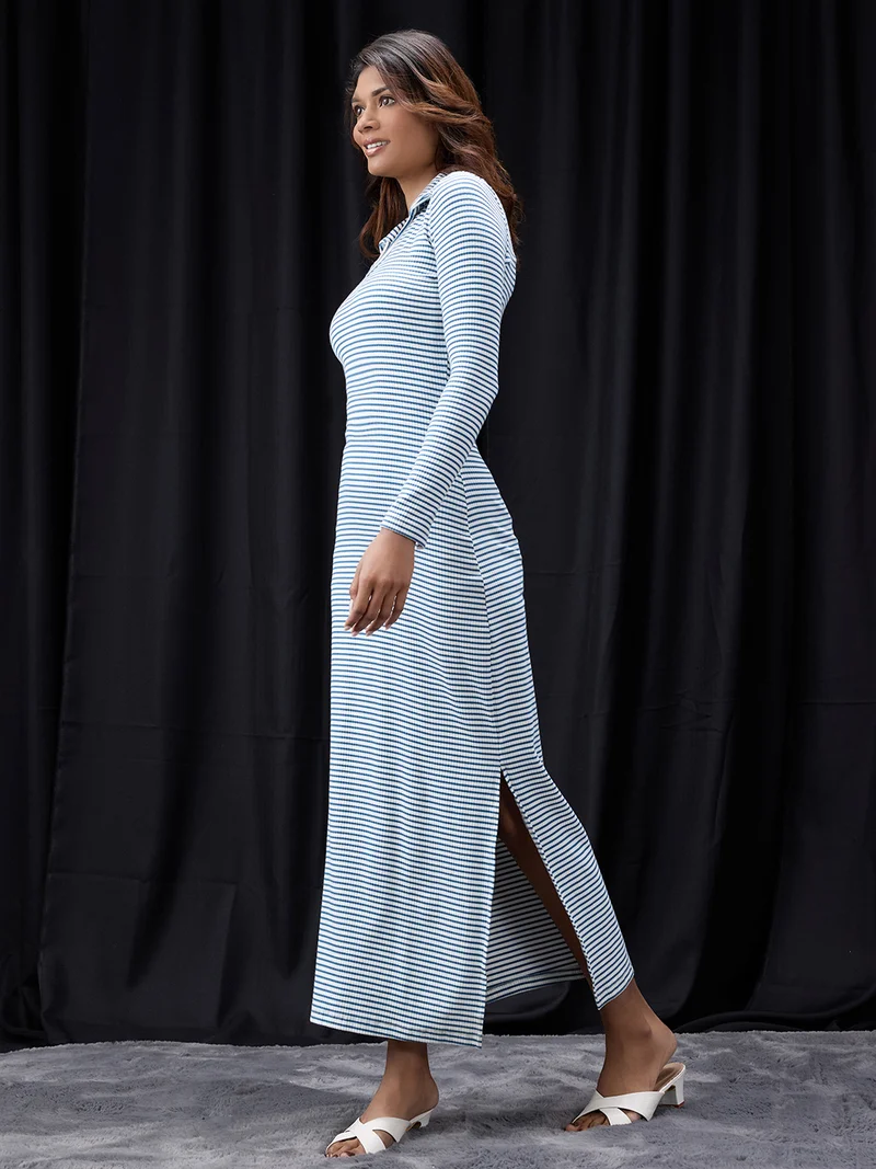 globus Women Blue Collared Neck Long Sleeves Striped Ribbed Side Slits Maxi Bodycon Dress