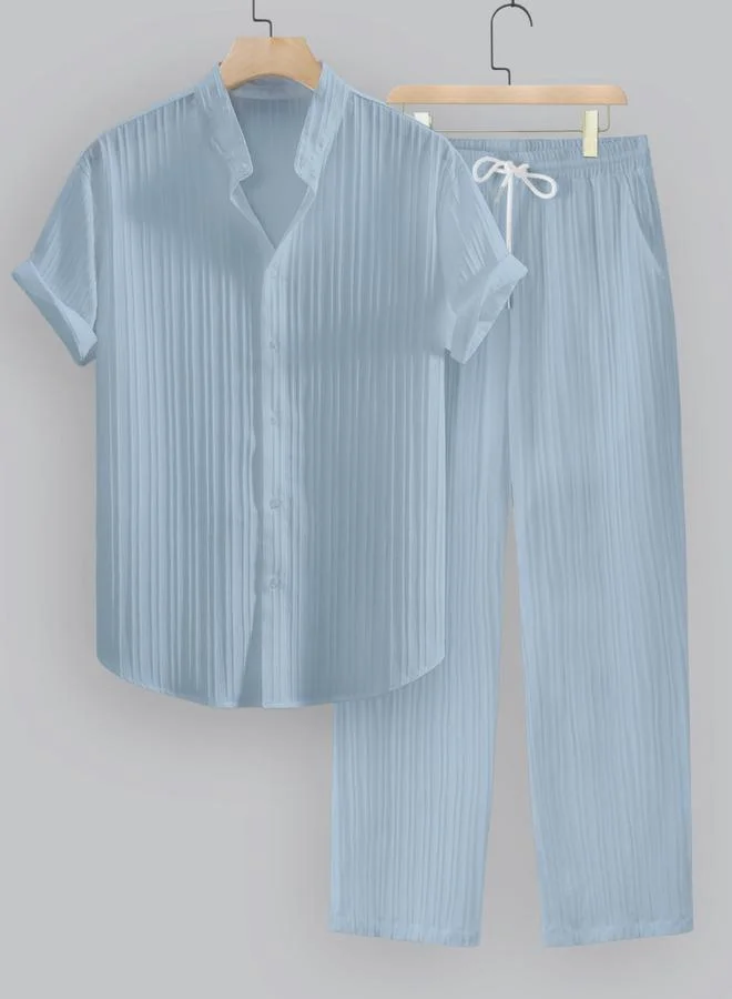 Take Two Take Two Solid Textured Shirt and Drawstring Waist Pants Co-Ords