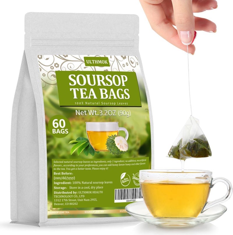 ULTHMOK Premium Soursop Tea Bags - 100% Natural Graviola Leaves, Caffeine Free, 60 Count - Image 1