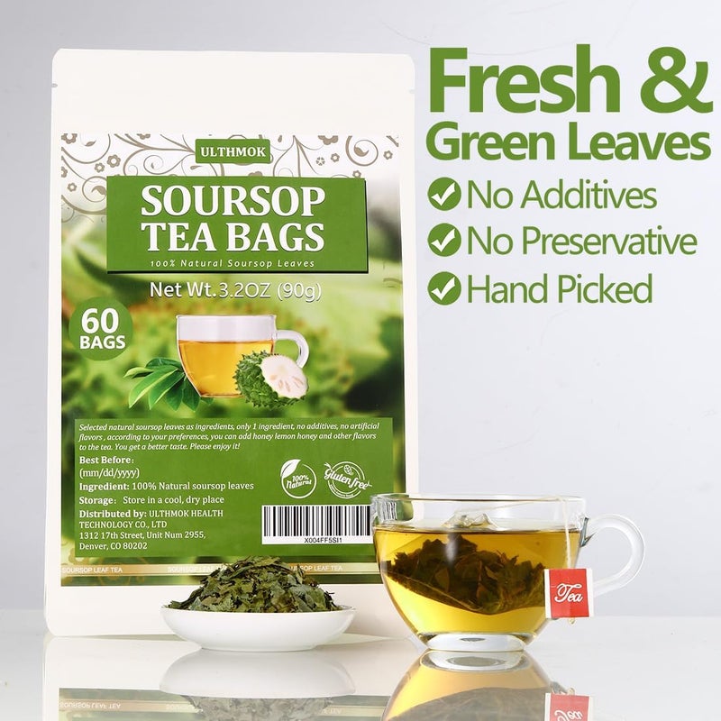 ULTHMOK Premium Soursop Tea Bags - 100% Natural Graviola Leaves, Caffeine Free, 60 Count - Image 4