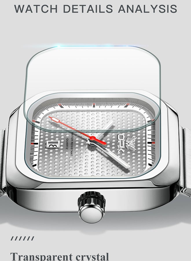 او بي كي ساعة OPK أنيقة مربعة الشكل للرجال، بسوار فولاذي، مضيئة ومقاومة للماء، كوارتز بتقويم واحد، فولاذ 6041، أبيض. - Image 4