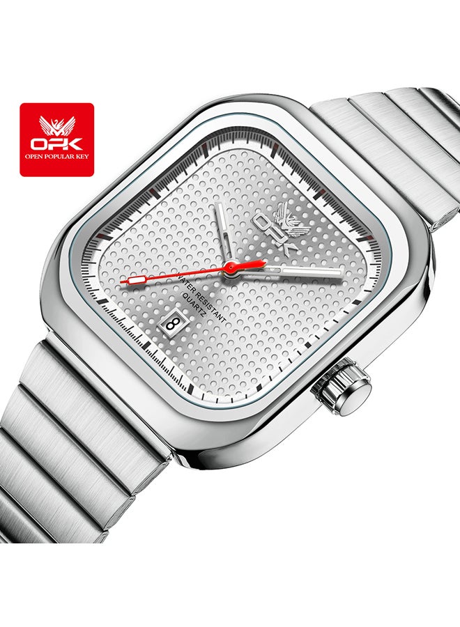 او بي كي ساعة OPK أنيقة مربعة الشكل للرجال، بسوار فولاذي، مضيئة ومقاومة للماء، كوارتز بتقويم واحد، فولاذ 6041، أبيض. - Image 1