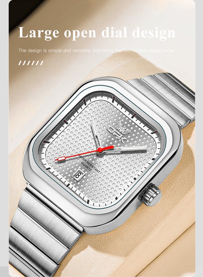 او بي كي ساعة OPK أنيقة مربعة الشكل للرجال، بسوار فولاذي، مضيئة ومقاومة للماء، كوارتز بتقويم واحد، فولاذ 6041، أبيض. - Image 2