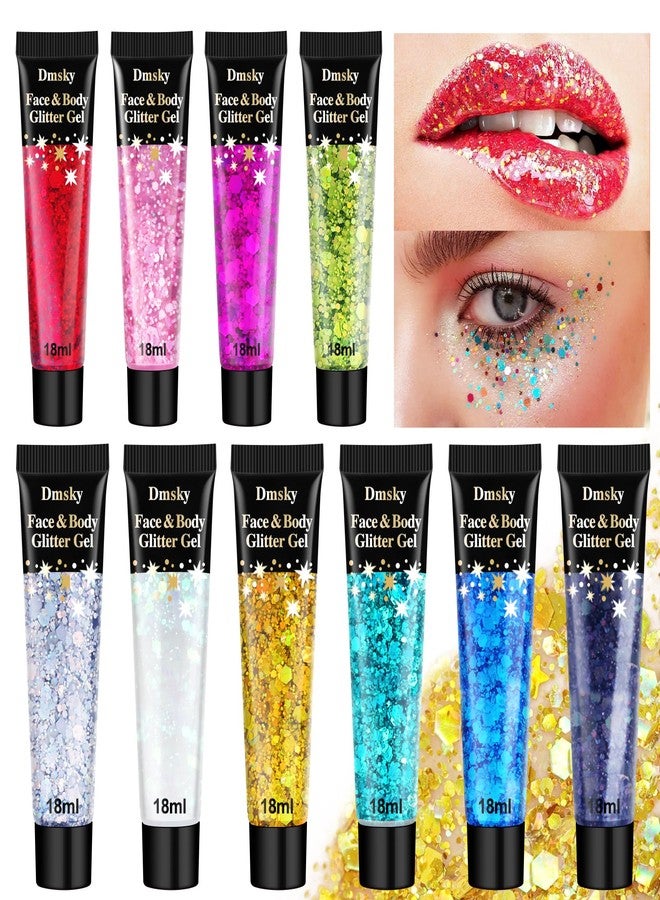 Dmsky 10 Colors Body Glitter,Face Glitter Makeup for Kids Women,Sparkly Chunky Hair Glitter for Eye Lip Hair Nails,Mardi Gras Glitter Makeup Face Paint,Singer Concerts Disco Rave Festival Accessories - Image 1