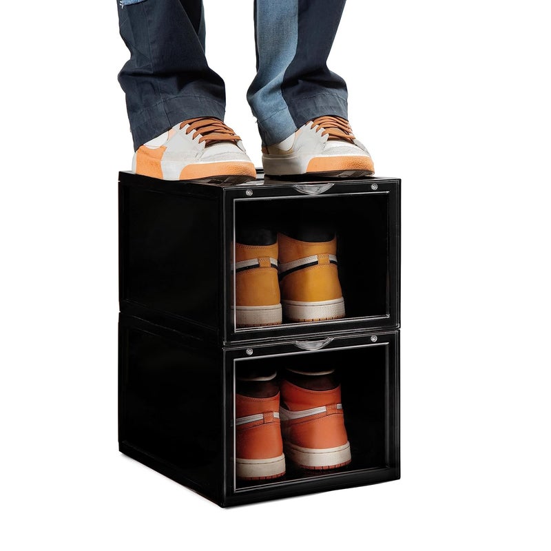 SNEAKARE Plastic Shoe Storage Organizer Set Of 2 HeavyDuty Sneaker Box Stackable Storage Box With Magnetic Closure Black - Image 1