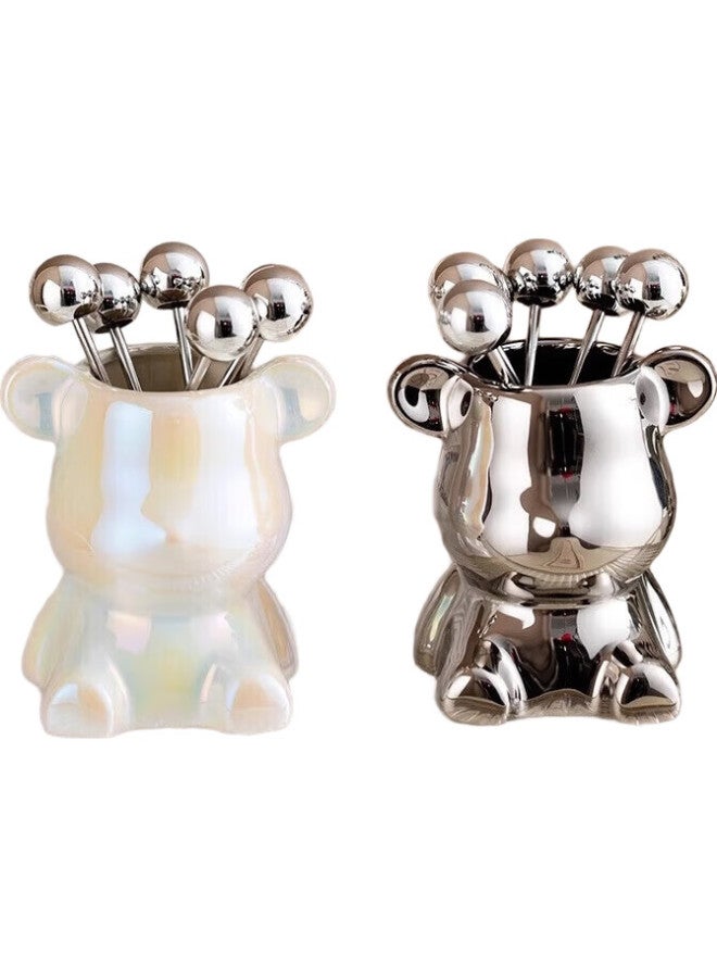 Onlycook Stainless Steel Fruit Fork Set, Fruit Picks Dessert Forks 6-Piece Set With Base, Light Luxury Set - Bear Design - Image 3