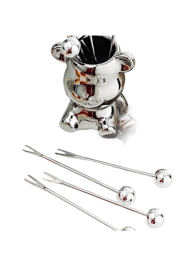 Onlycook Stainless Steel Fruit Fork Set, Fruit Picks Dessert Forks 6-Piece Set With Base, Light Luxury Set - Bear Design - Image 2