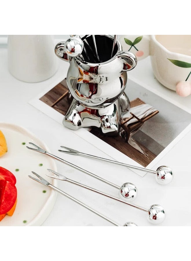 Onlycook Stainless Steel Fruit Fork Set, Fruit Picks Dessert Forks 6-piece Set With Base, Light Luxury Set - Bear Design - Image 4