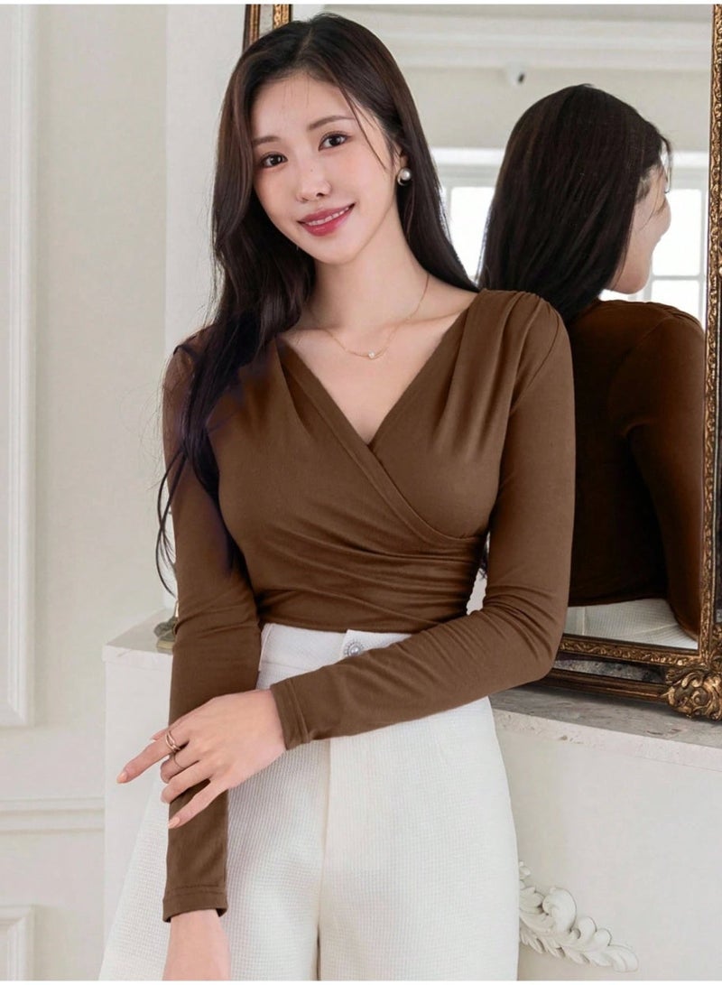 DAZY Women's Elegant Solid Color V-Neck Wrap T-Shirt, Suitable For Valentine's Day Fall Tops Long Sleeve Top - Image 1