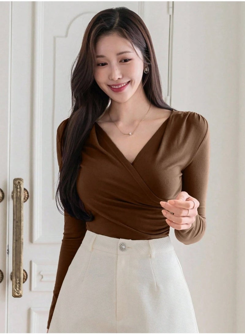 DAZY Women's Elegant Solid Color V-Neck Wrap T-Shirt, Suitable For Valentine's Day Fall Tops Long Sleeve Top - Image 4